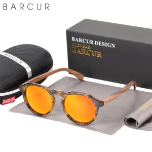 BARCUR Retro Brand Design Walnut Wood Temple Polarized Women Sunglasses Round Frame Men Glasses UV400